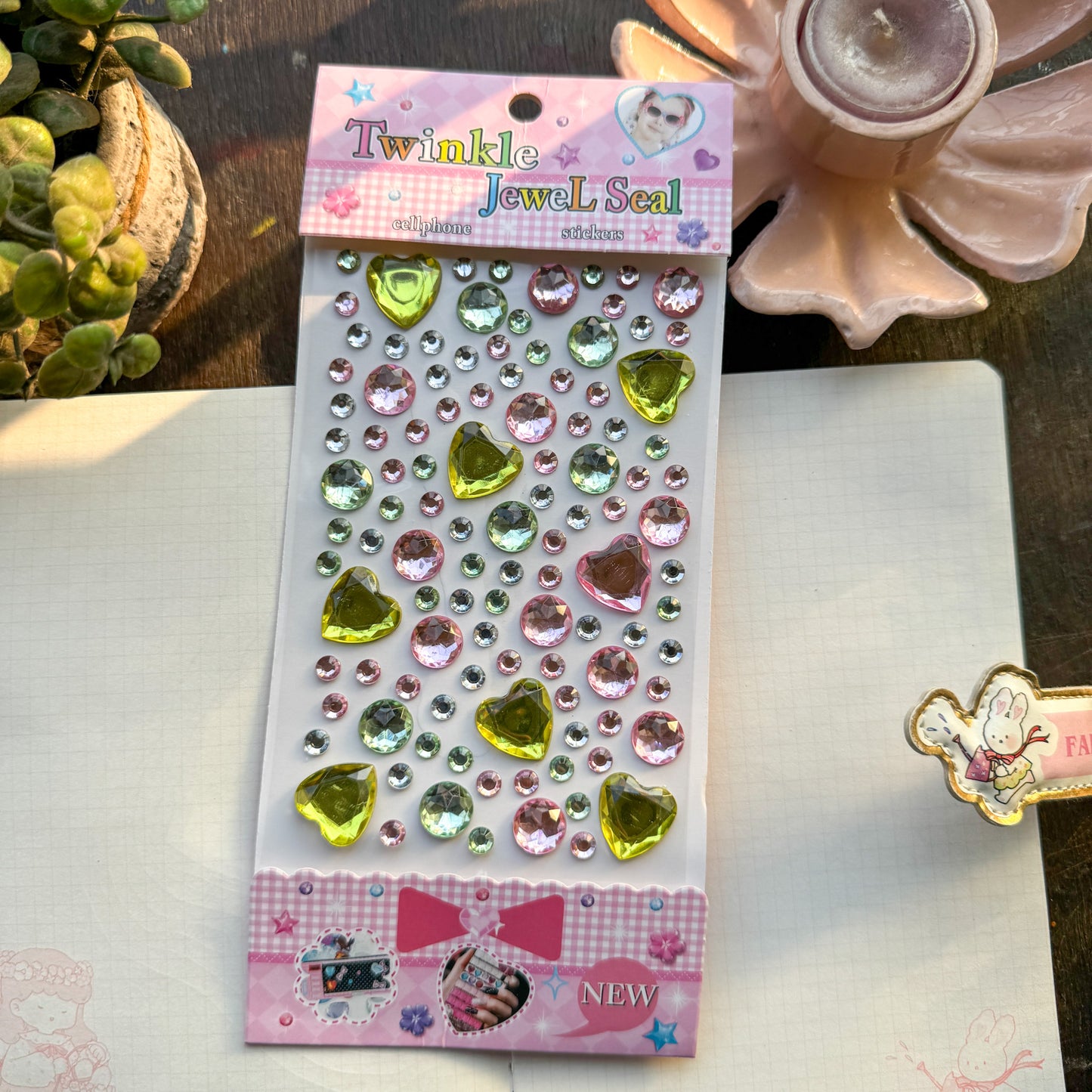 Cxmb C Nov 3D Heart Journal Stone Sticker Pink Green - Stone Sticker - 1 sheet big | Pre-cut