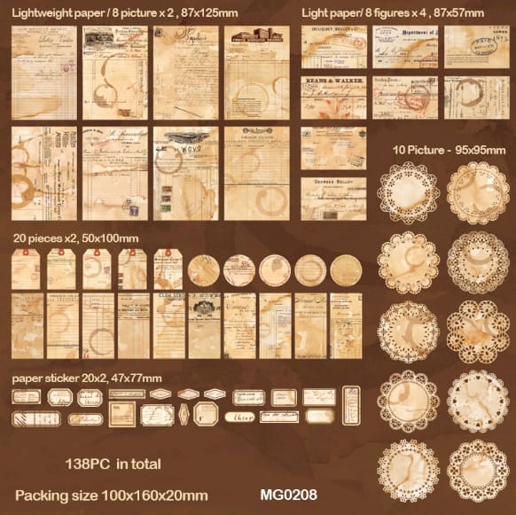 MG0208 Vintage Journaling Paper and Sticker Collection with Coffee Stain 138 pcs