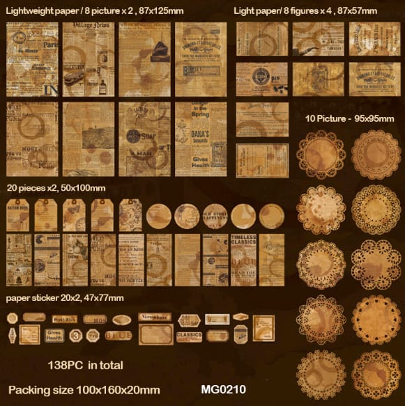 MG0210 Vintage Journaling Paper and Sticker Collection with Coffee Stain 138 pcs