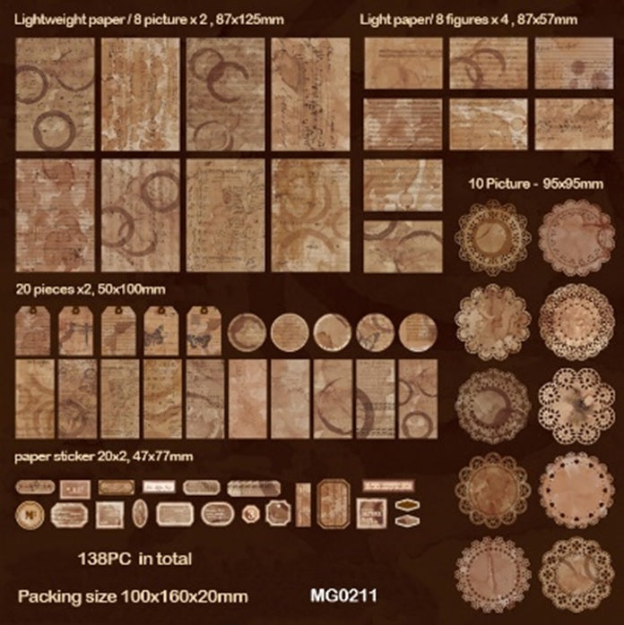 MG0211 Vintage Journaling Paper and Sticker Collection with Coffee Stain 138 pcs