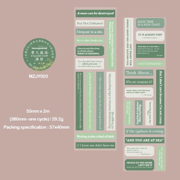 MZJY003 English Tape Sticker Roll 55mm*2Mtr | 380MM Every Cycle