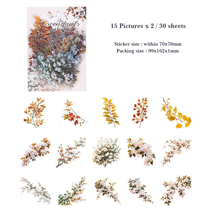 MZW23-TZ276-Dream Dance Sticker Pack Jade Leaves Series Plants and Flowers Handbook DIY Material Decoration Stickers 30 Sheets 6 Types
