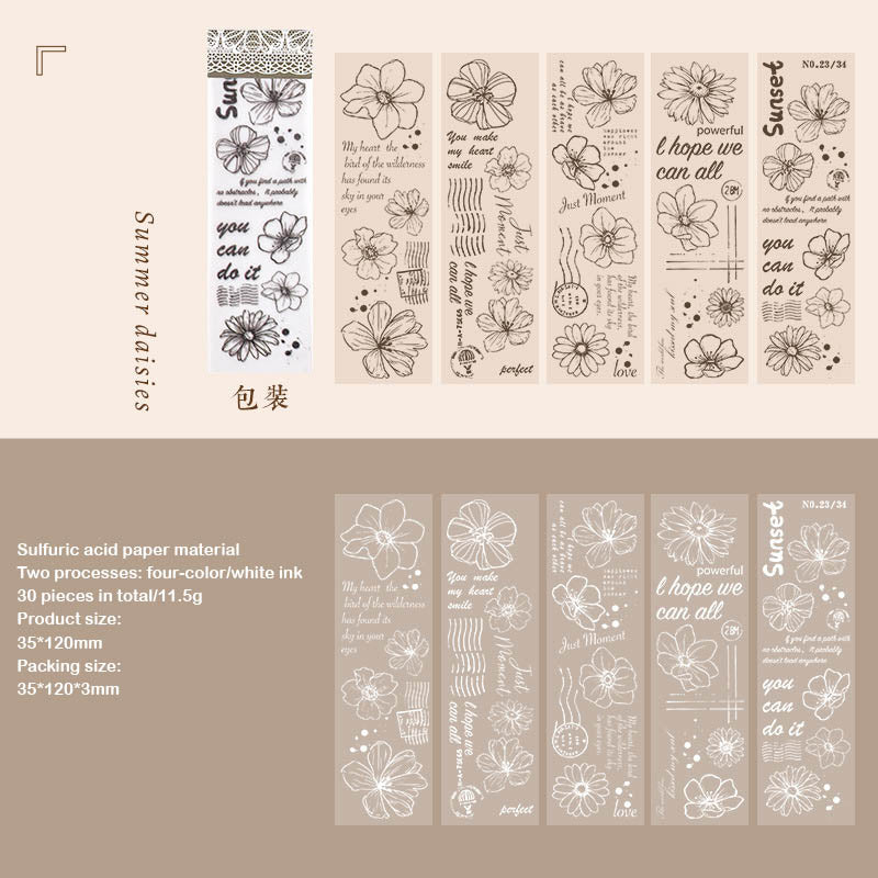 NNHY801 - sticker this murmur flower series creative retro sulphuric acid paper white ink hand account material 30 sheets into