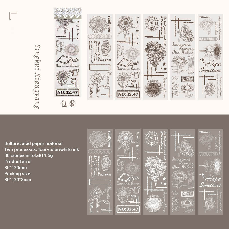 NNHY806 - sticker this murmur flower series creative retro sulphuric acid paper white ink hand account material 30 sheets into