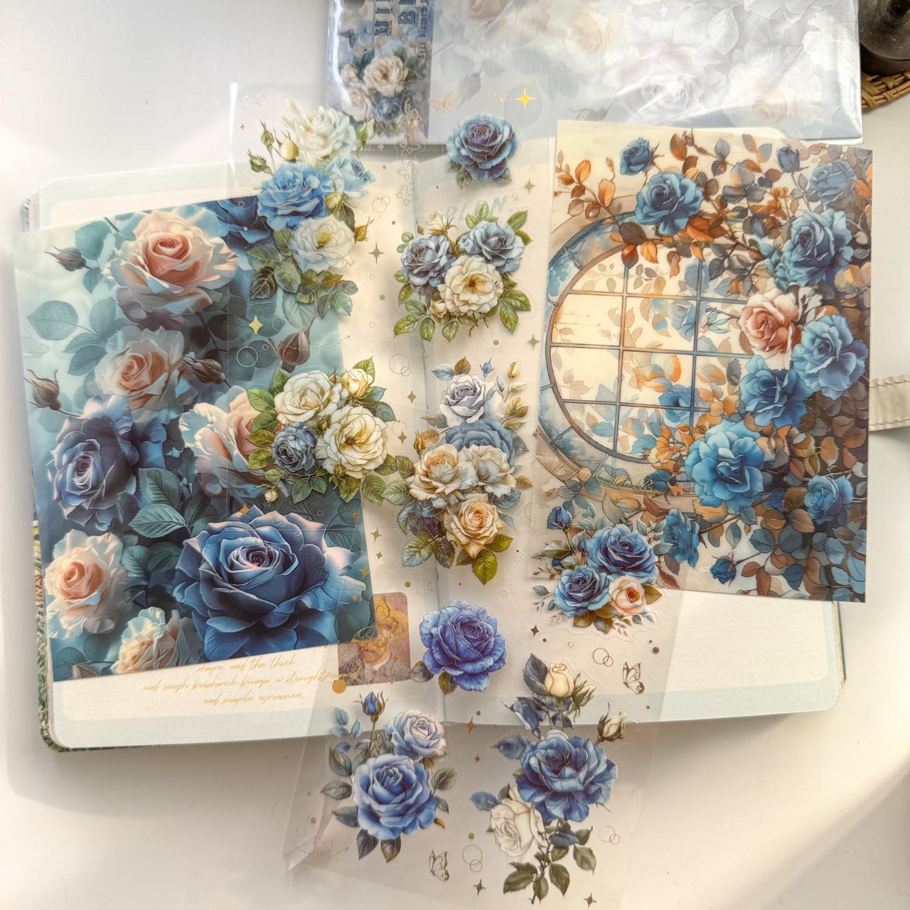 QWHK601 - stickers rose blossom series special oil hot stamping film cutting handbook waterproof pet stickers| Blue