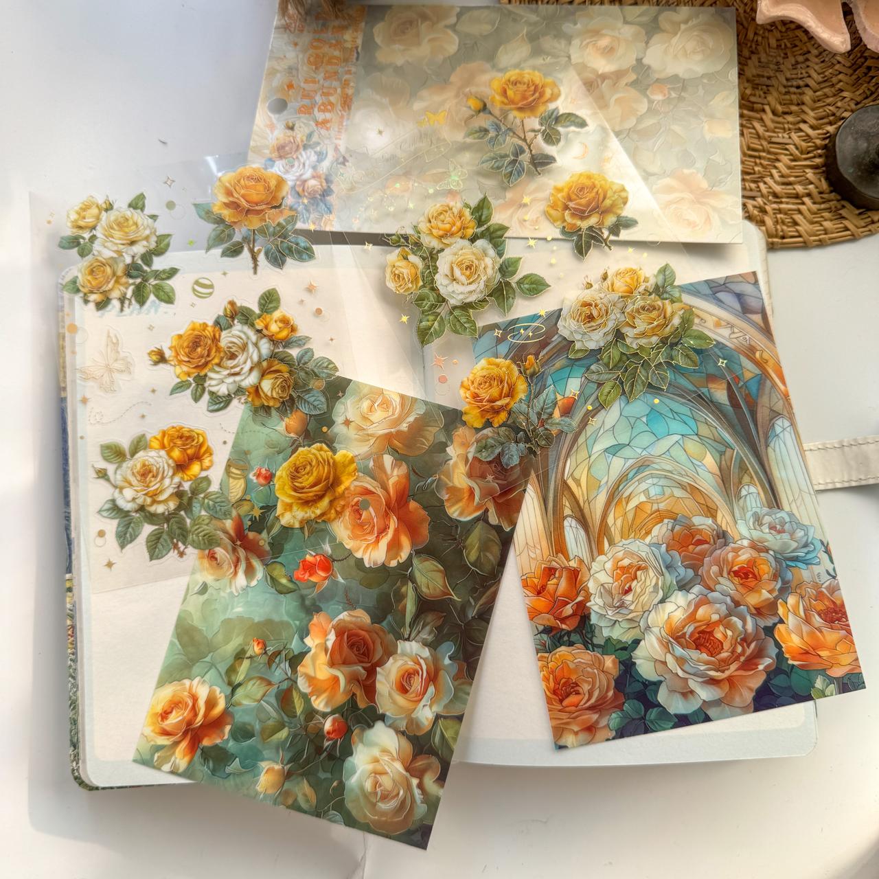 QWHK605 - stickers rose blossom series special oil hot stamping film cutting handbook waterproof pet stickers|Yellow