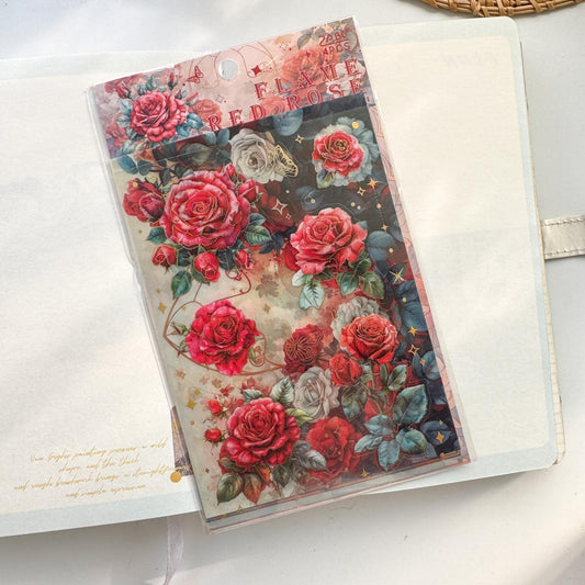 QWHK606 - stickers rose blossom series special oil hot stamping film cutting handbook waterproof pet stickers|Red