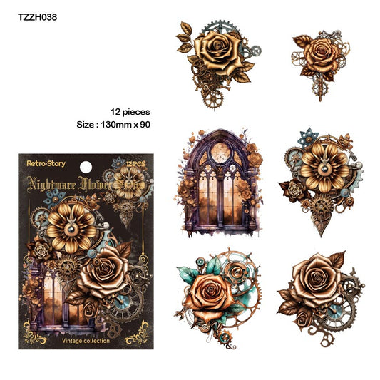 Tzzh038 Nightmare Retro Flower Sticker 12Pc