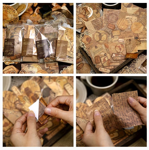 MG0210 Vintage Journaling Paper and Sticker Collection with Coffee Stain 138 pcs