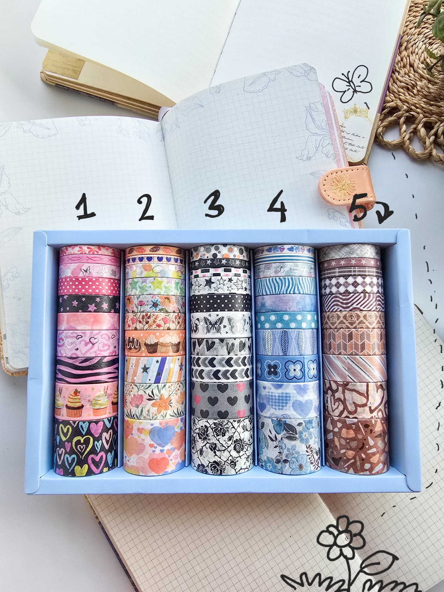 Washi Tape Set of 10 | Full Box 50 Pcs | 2 Meter Each
