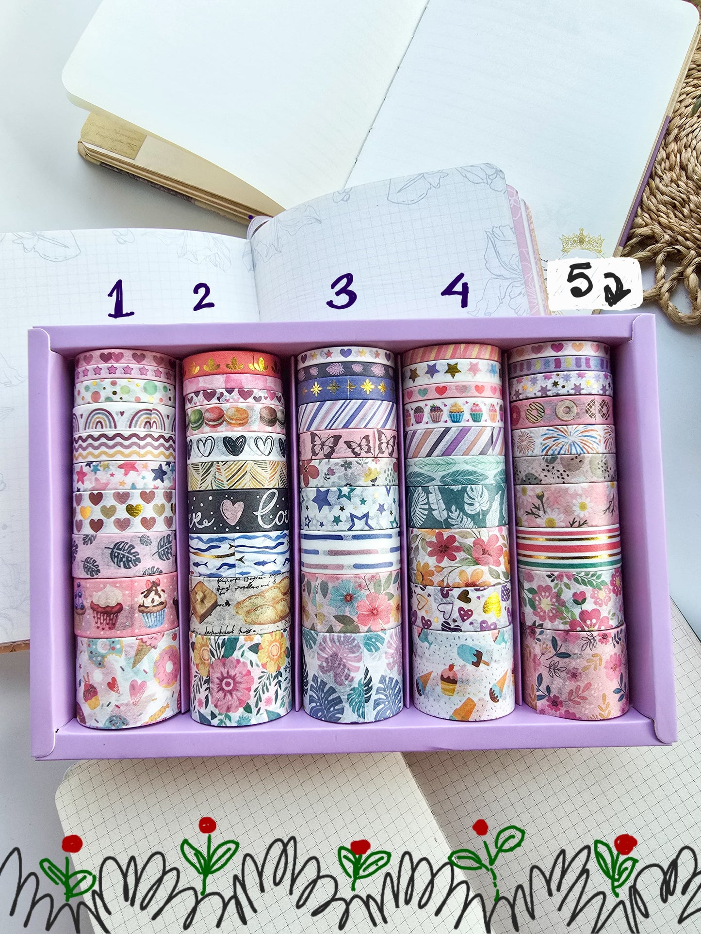 Washi Tape Set of 10 | Full Box 50 Pcs | 2 Meter Each