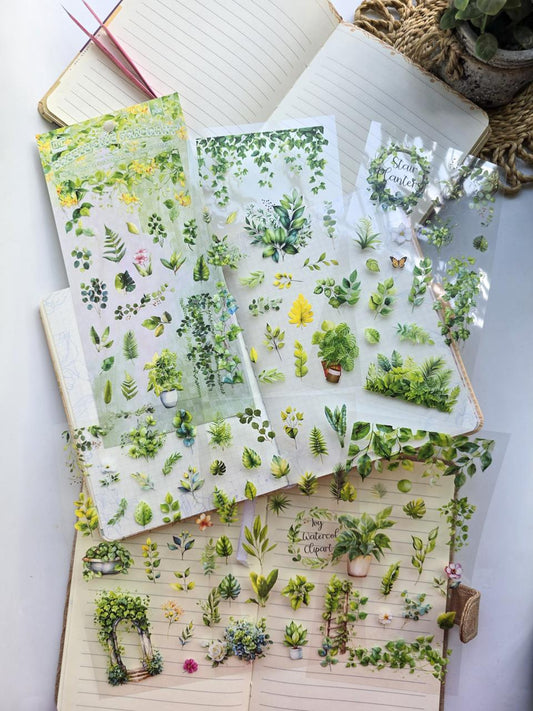 QHHF-603 Green Leaf PET Sticker Sheets | Nature Collection | 6 Sheets