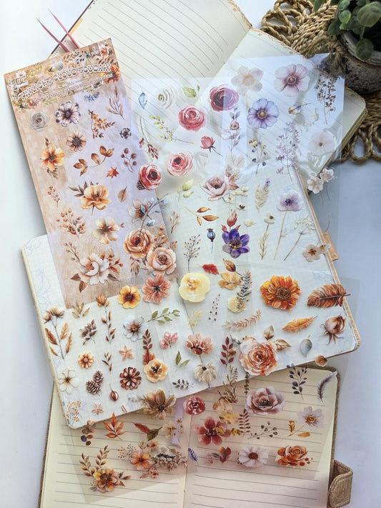 QHHF-606 Brown Floral PET Sticker Sheets | Nature Collection | 6 Sheets