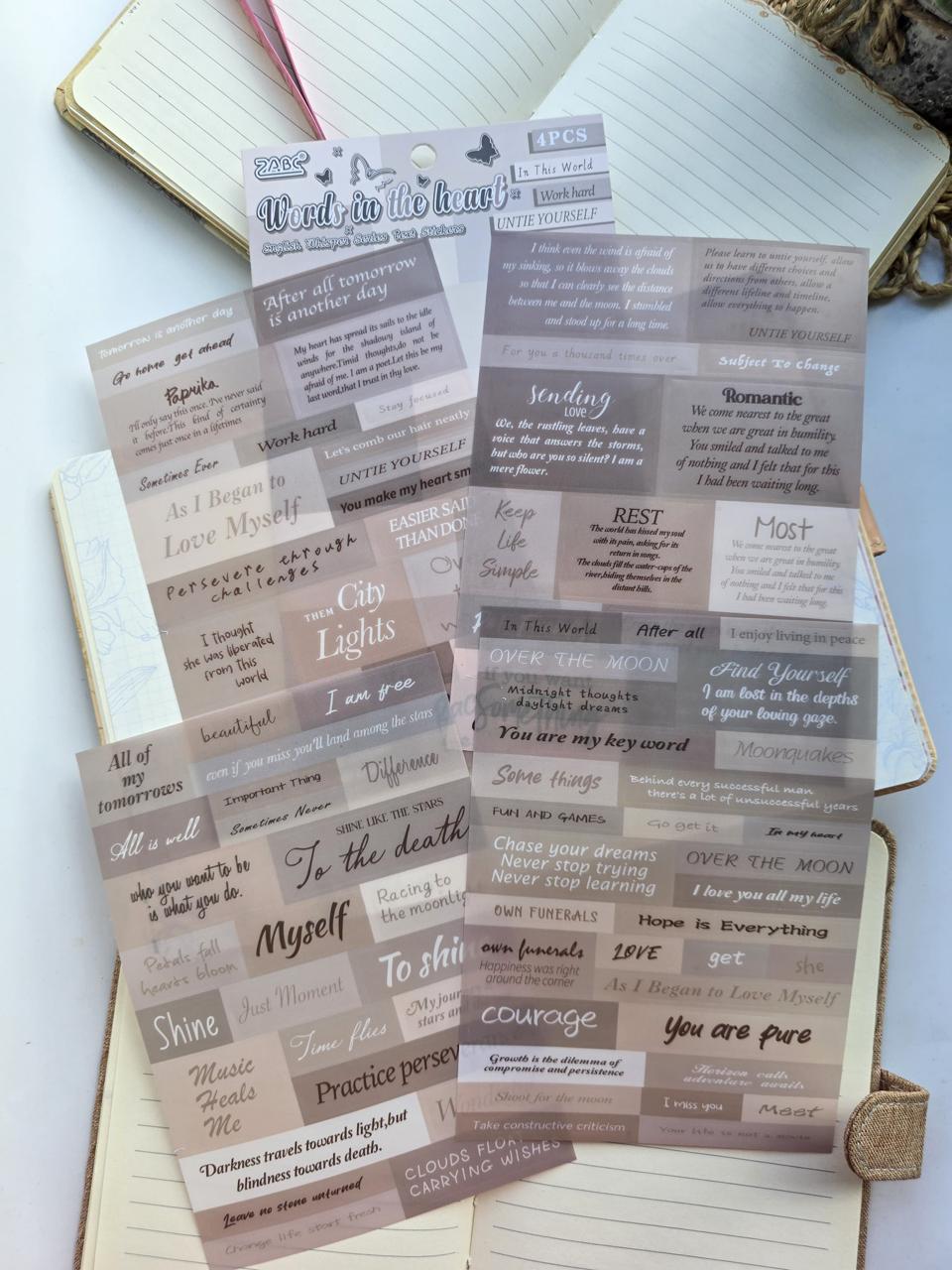 YWXY-603 English Quotes PET Sticker Sheets | Light Brown | 4 Sheets