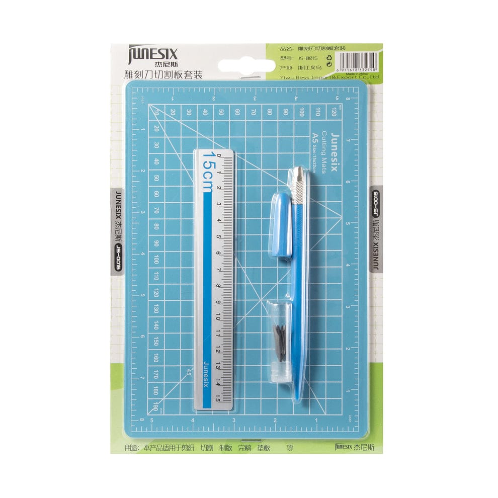 Js0015- Cutting mat With Pen Knife And Metal Scale Blue | Set With Extra Blades