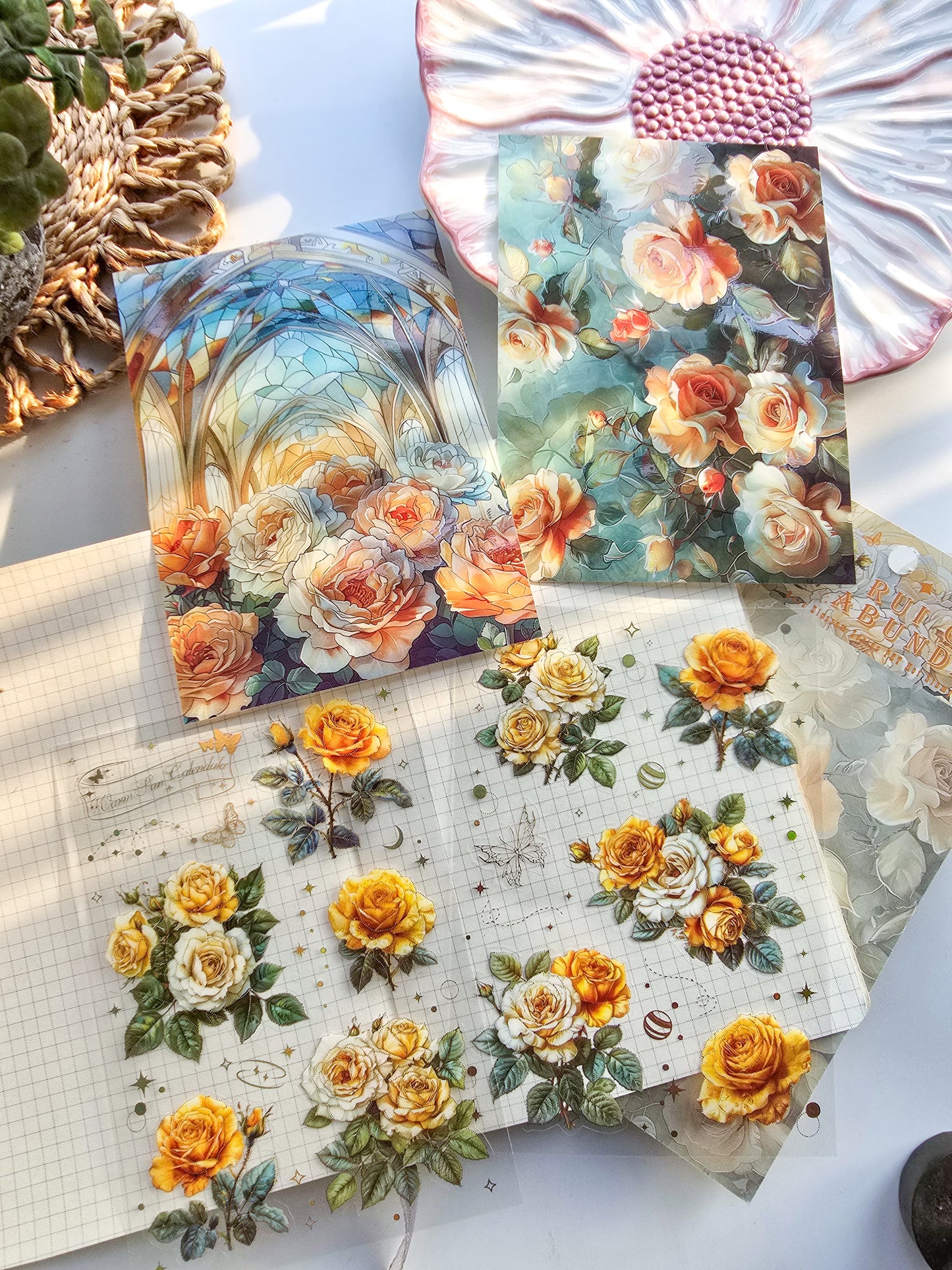 QWHK605 - stickers rose blossom series special oil hot stamping film cutting handbook waterproof pet stickers|Yellow