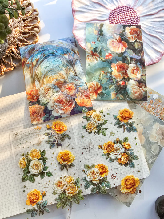 QWHK605 - stickers rose blossom series special oil hot stamping film cutting handbook waterproof pet stickers|Yellow