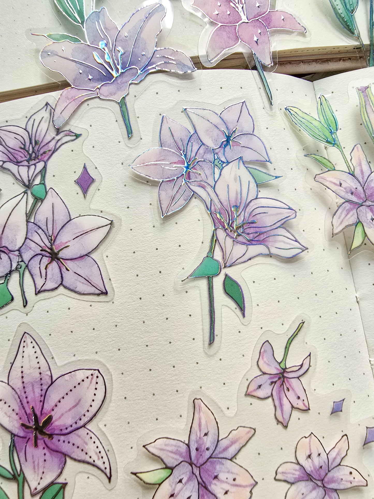 PMTZB-0143 Purple Flower Sticker| Transparent Pet Sticker 15 Pcs