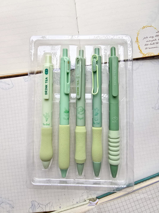 Kbx6041b Kawaii Pen Set of 5 | Black ink 0.5 mm nib | Green