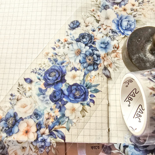 HHLN101 -A Flower Pet sticker Roll Blue | Floral Journal Sticker Retro Pet sticker