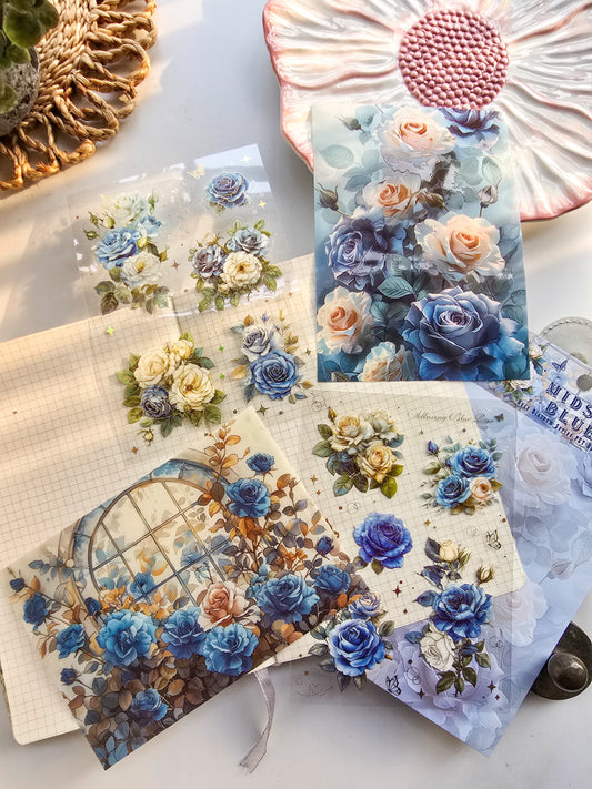 QWHK601 - stickers rose blossom series special oil hot stamping film cutting handbook waterproof pet stickers| Blue