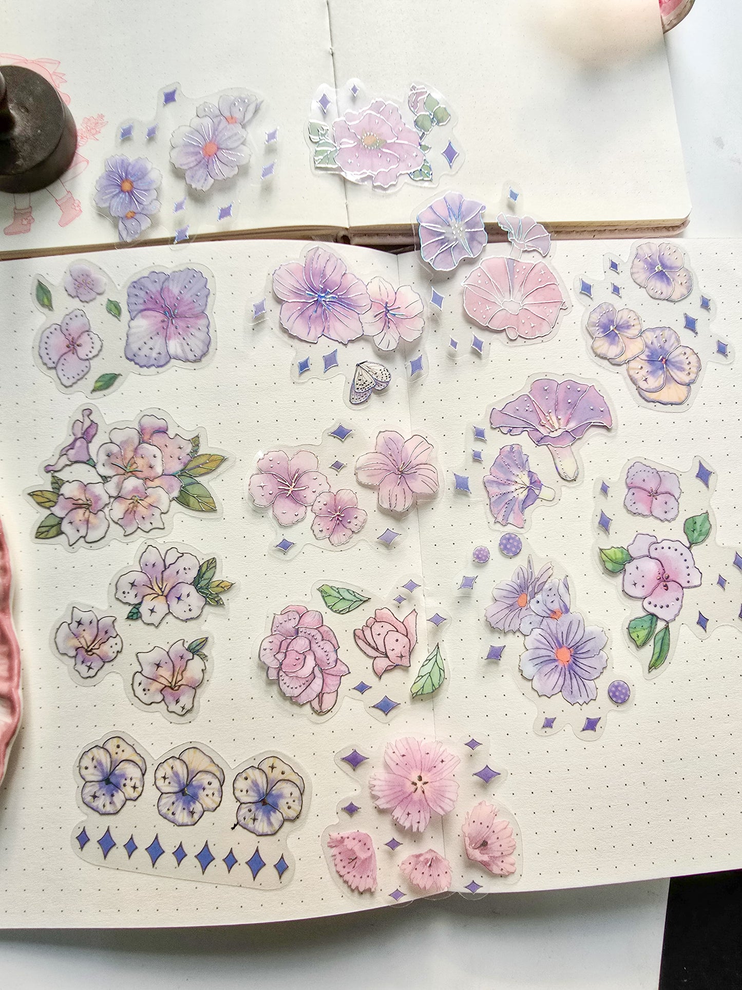 PMTZB-0142 Purple Flower Sticker| Transparent Pet Sticker 15 Pcs