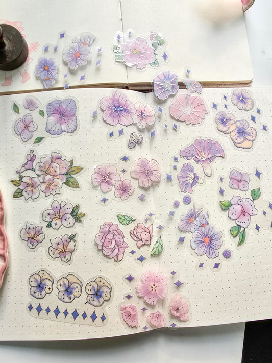 PMTZB-0142 Purple Flower Sticker| Transparent Pet Sticker 15 Pcs