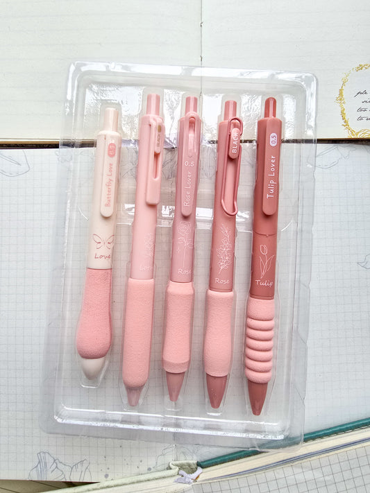 Kbx6041d Kawaii Pen Set of 5 | Black ink 0.5 mm nib | Pink