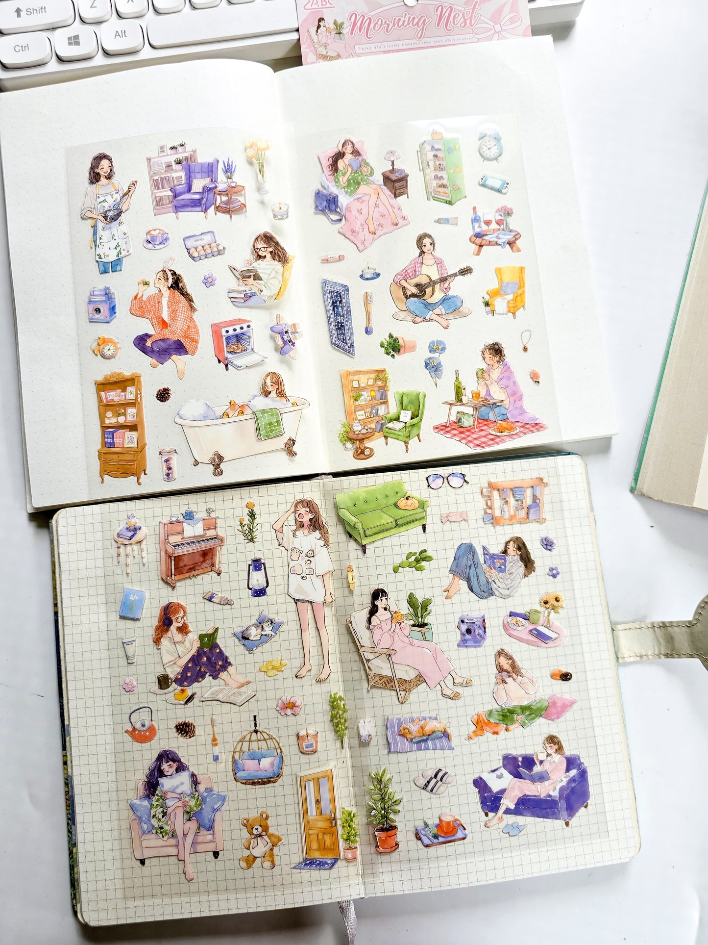 QWSGJ-601 | Morning Nest Stickers Come In A 4-Sheet pack Featuring Cozy, Aesthetic Lifestyle Illustrations | 115*178mm