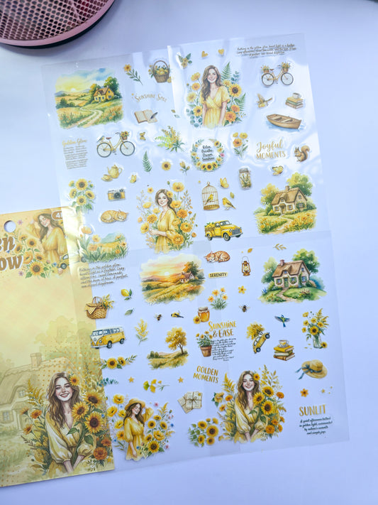 FYQL-603 | Golden Glow Girls Flower Aesthetic PET Sticker | 100*150mm
