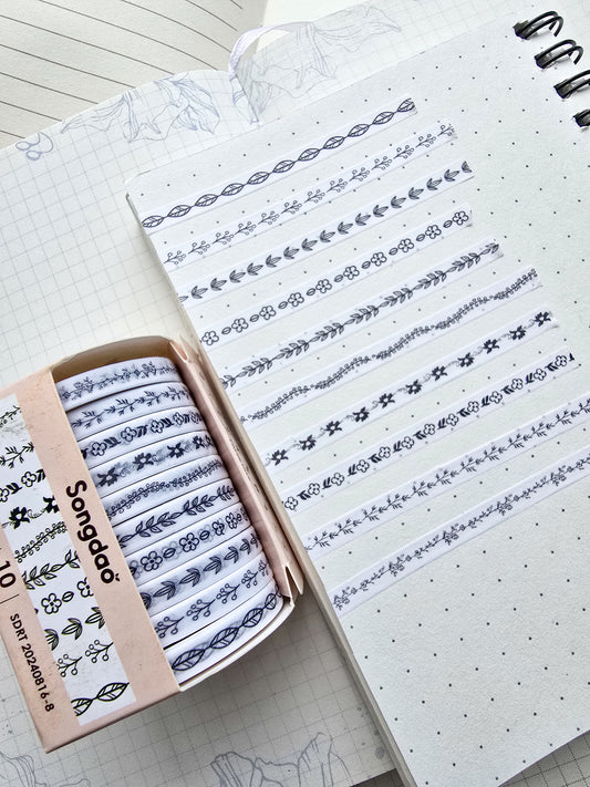 0816-8 Gardenia Thin Washi Tape Set of 10 Washi tapes | Japanese Washi Paper | 2 Meter each | Black n White