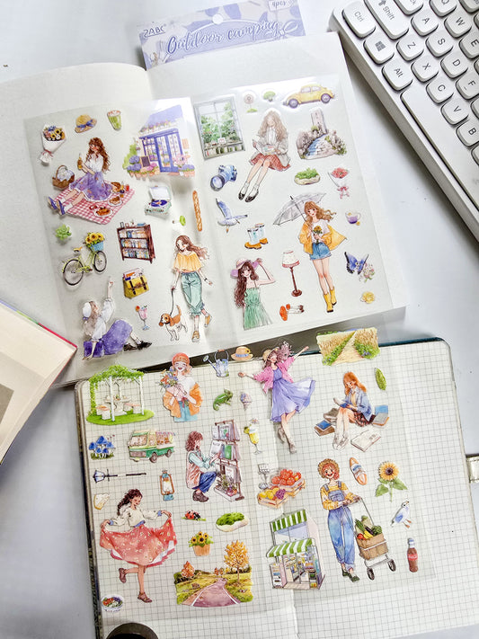 QWSGJ-605 | Outdoor Camping Stickers Come In A 4-Sheet pack Featuring Cozy, Aesthetic Lifestyle Illustrations | 115*178mm