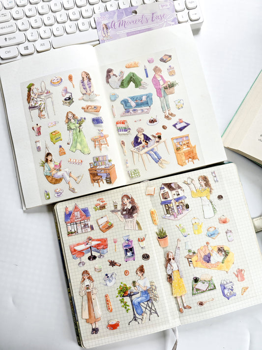 QWSGJ-602 |A Moment's Ease Stickers Come In A 4-Sheet pack Featuring Cozy, Aesthetic Lifestyle Illustrations | 115*178mm