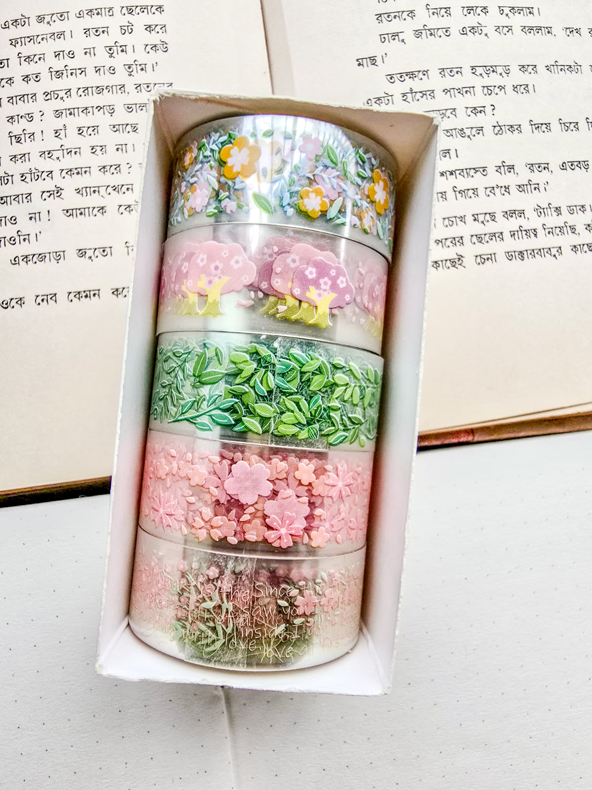 MG7839 | Decorative Gloral And Nature-Themed PET Tape Rolls Featuring Pink Cherry Blossoms, Green Leafy Vines, And Scenic Trees.
