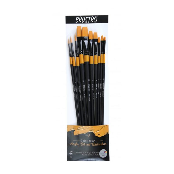 BRUSTRO Artist’ Gold Taklon Set Of 10 Brushes for Acrylics, Oil and Watercolour.
