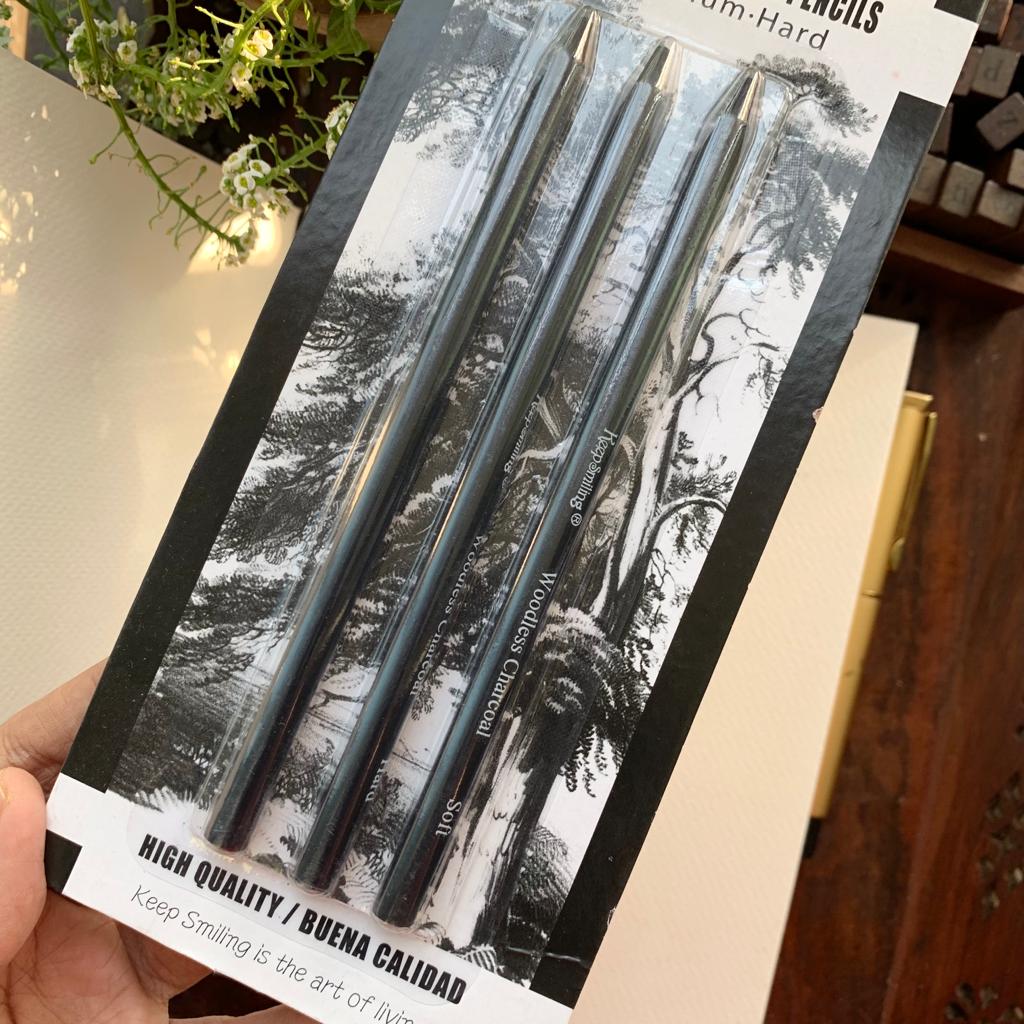 Woodless Charcoal Pencil set of 3 | 1 Soft - 1 Medium - 1 Hard
