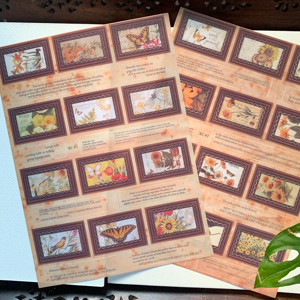 XCF1-2 Vintage Precut Stamp Sticker 2 Sheets | 150 mm x 205 mm | Butterfly Theme