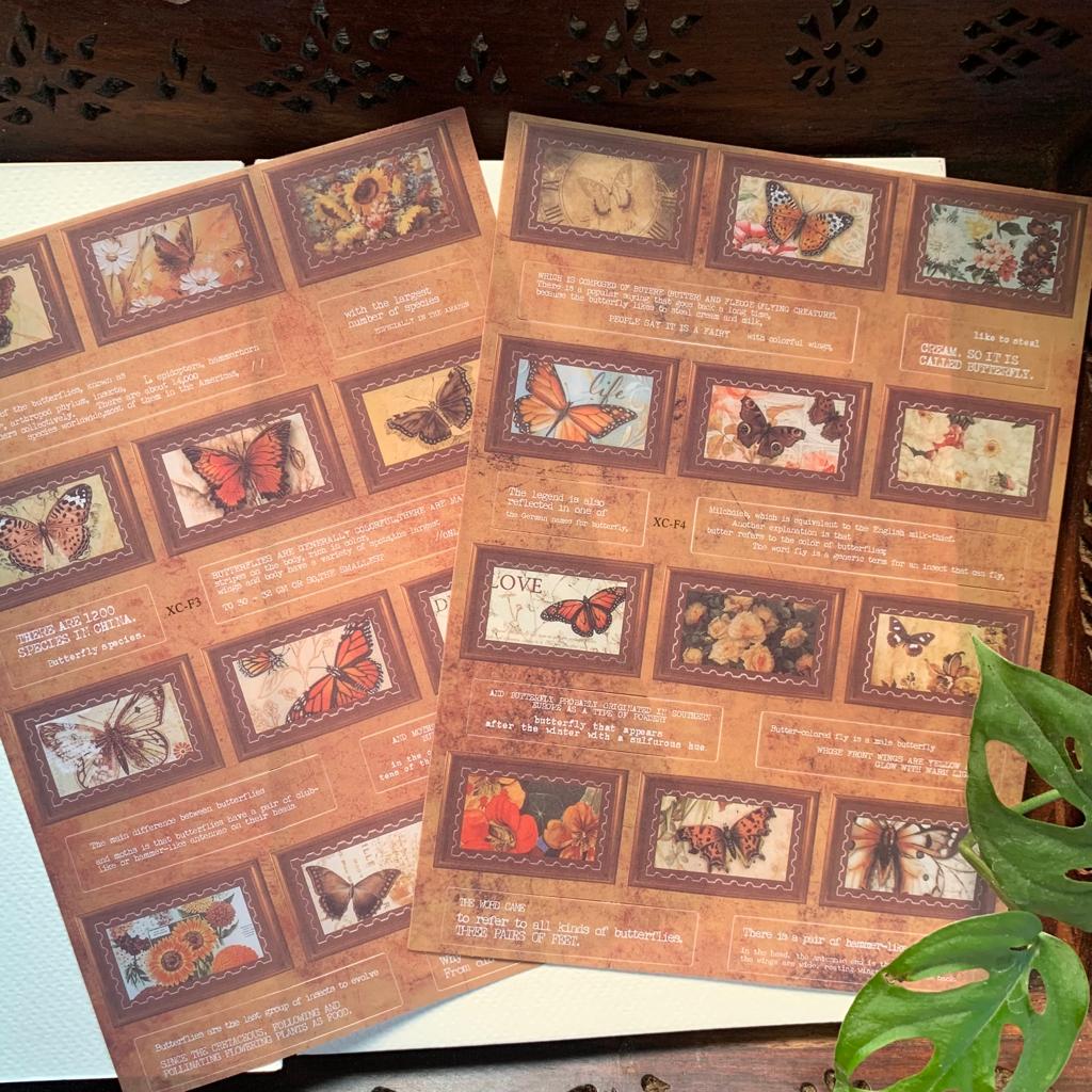 XCF3-4 Vintage Precut Stamp Sticker 2 Sheets | 150 mm x 205 mm | Butterfly Theme