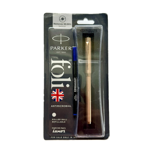 Parker Folio Stainless Steel Chrome Trim Ball Pen with 1 Blue Refill. Copper   | Fine Point | Blue Ink | Refillable ink cartridge