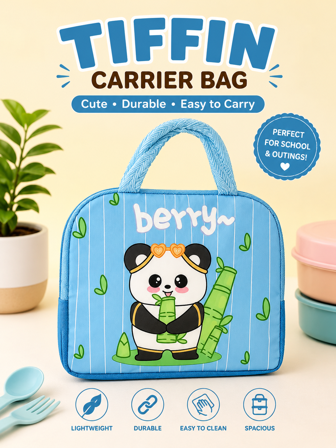 Blue Checkered Kawaii Cartoon Tiffin Carrier Bag | 19*22mm