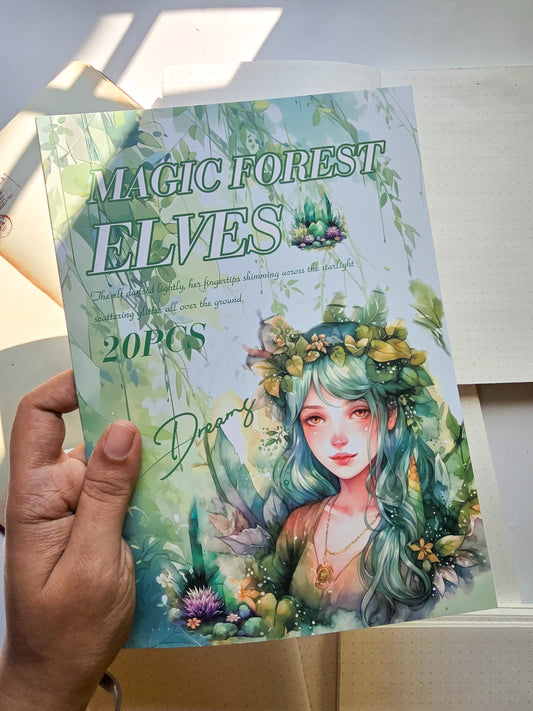 HYSG-804 MAGIC FOREST ELVES| Vintage Aesthetic Journal Sticker Book| Western Sticker Book Desert Theme| Green Series|235*168mm 20 Sheets|10Pc Pet Sticker+10Pc Translucent Sticker