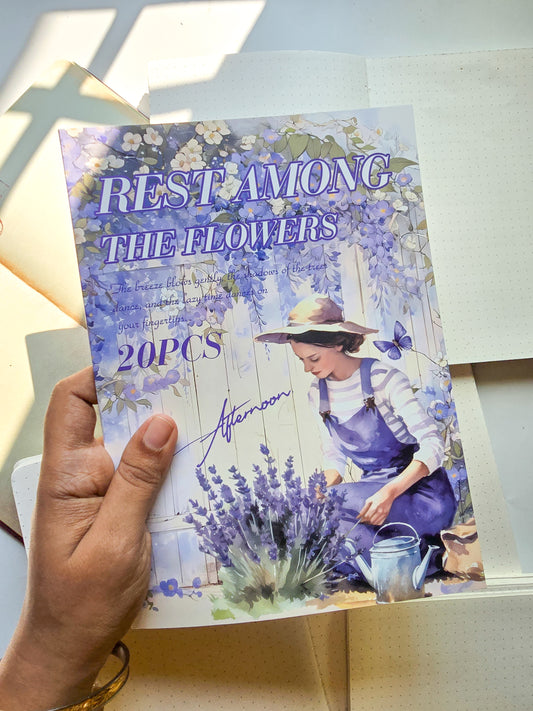 HYSG-808 REST AMONG THE FLOWERS| Vintage Aesthetic Journal Sticker Book| Western Sticker Book Desert Theme| Purple Series|235*168mm 20 Sheets|10Pc Pet Sticker+10Pc Translucent Sticker