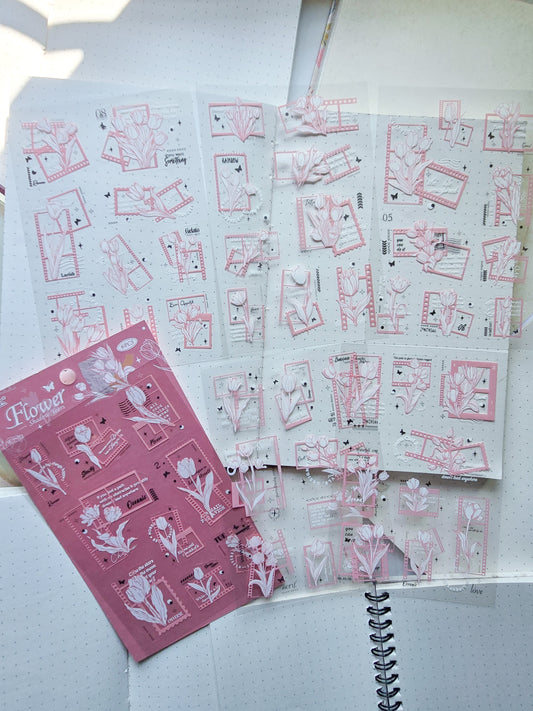 HQJY-403 Flower Shadow Years| Transparent Pet Sticker| Pink Theme| Vintage Floral Frame Series| 150*100mm 6 Sheets