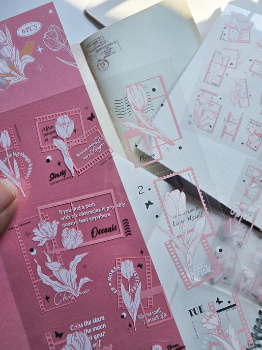 HQJY-403 Flower Shadow Years| Transparent Pet Sticker| Pink Theme| Vintage Floral Frame Series| 150*100mm 6 Sheets
