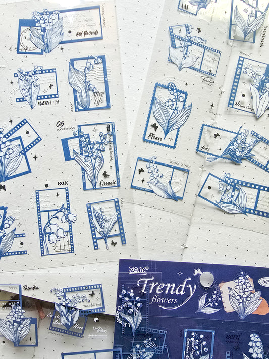 HQJY-404 Trendy Flowers| Transparent Pet Sticker| Blue Theme| Vintage Floral Frame Series| 150*100mm 6 Sheets