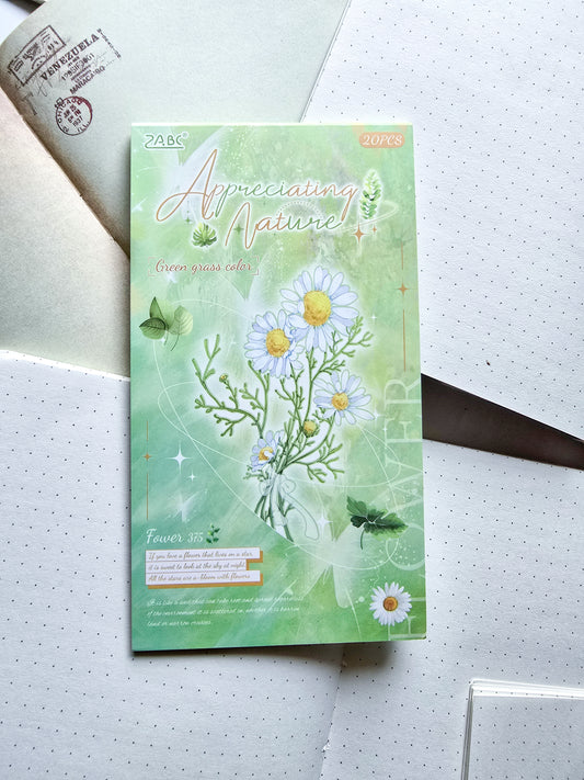 JSZR-403 Green Grass Color| Transparent White Daisy Flower| Floral & Leaf Sticker|180*100mm 20Pcs|Green Theme