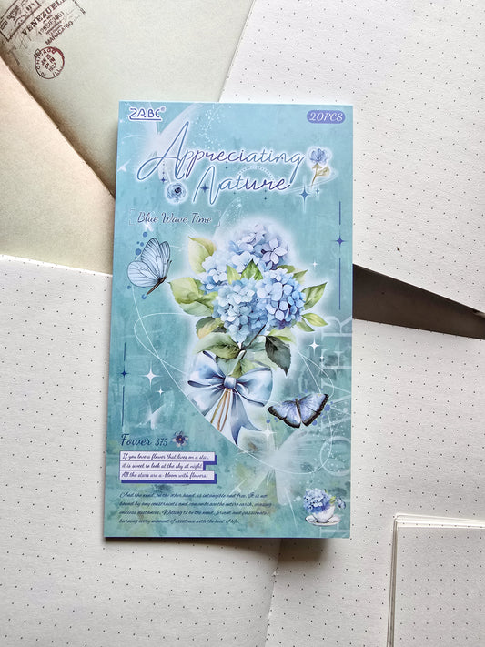 JSZR-404 Blue Wave Time|Transparent Pet Sticker| Floral Sticker|180*100mm 20Pcs|Sea Green Theme