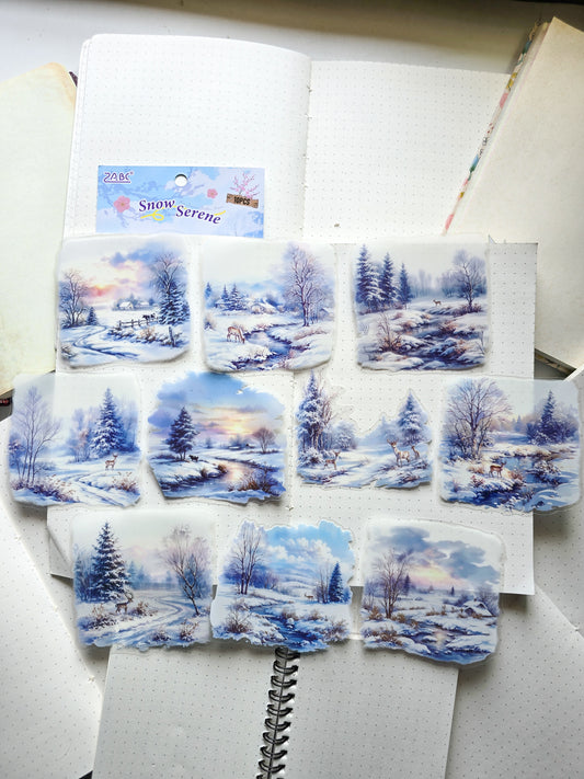 SJWY-404 Snow Serene| Transparent Pet Sticker| Scenery Theme Season Series |81-90mm 10Pcs|Blue Theme