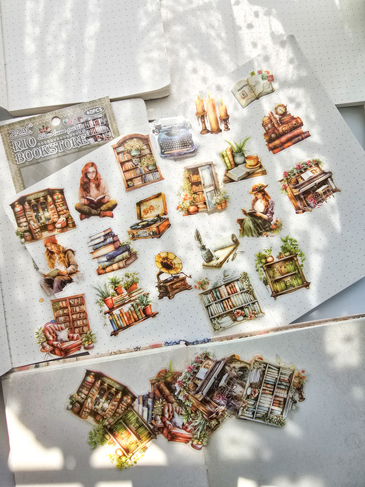 MDBL-601 RIO BOOKSTORE| Transparent Pet Sticker|Green Theme|55*55mm 40 Pcs