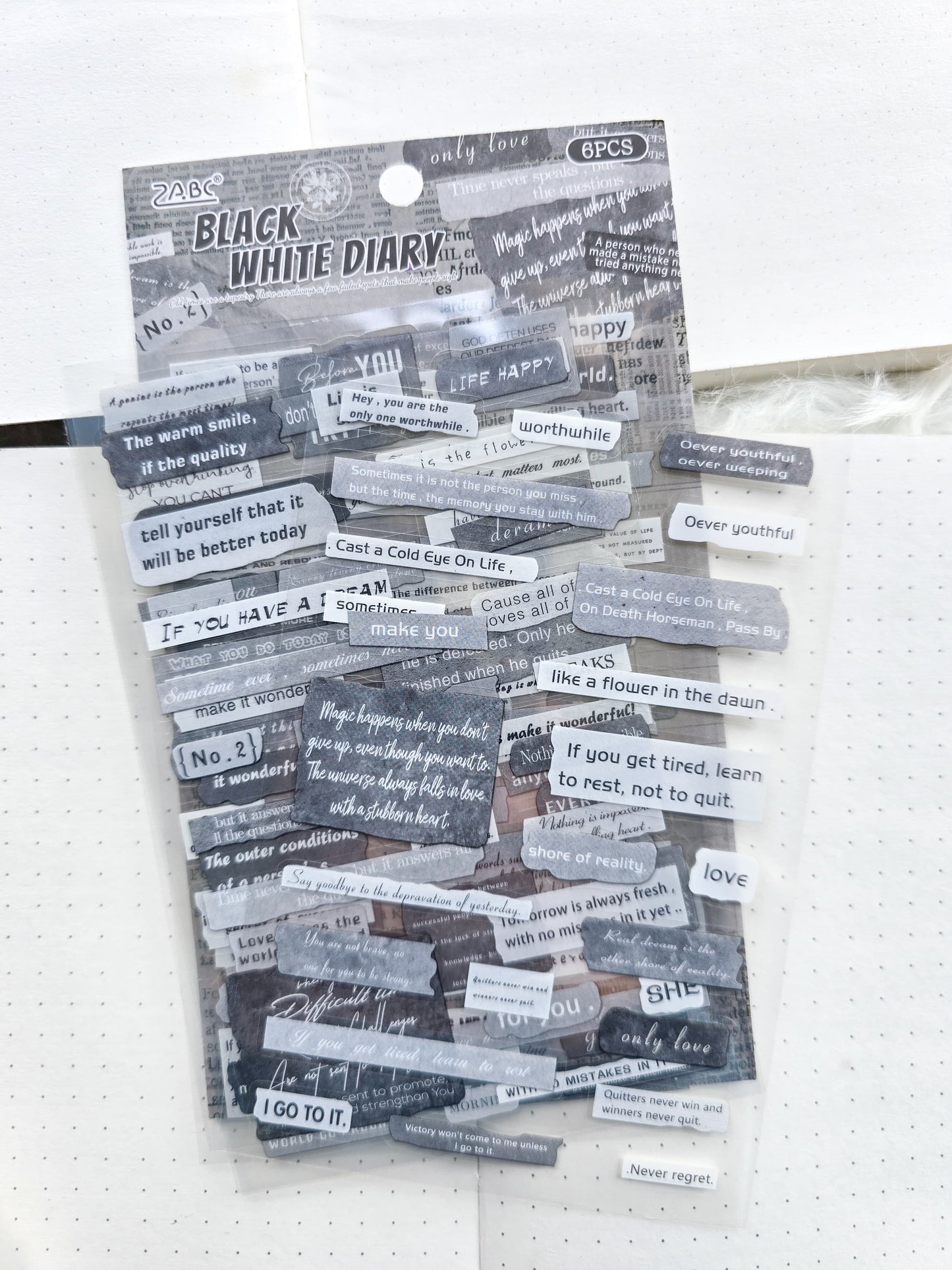 Fgjsg402|G10| Black White Diary Sentence Letters Quotes | 6 Sheets 150*100mm